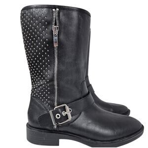 Steven Steve Madden Zain Black Leather Boots Silver Stud/Buckle/Zipper 7.5